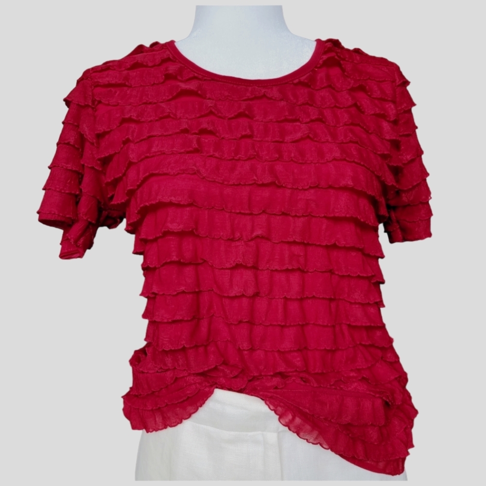 NWOT jason maxwell Stretchy Burgundy Red Ruffle Short Sleeve Blouse Size M Petit